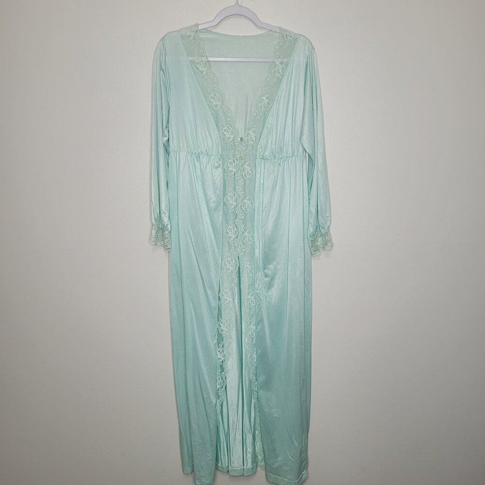 Vintage light blue green lace long button front long sleeve sleep jacket robe L
